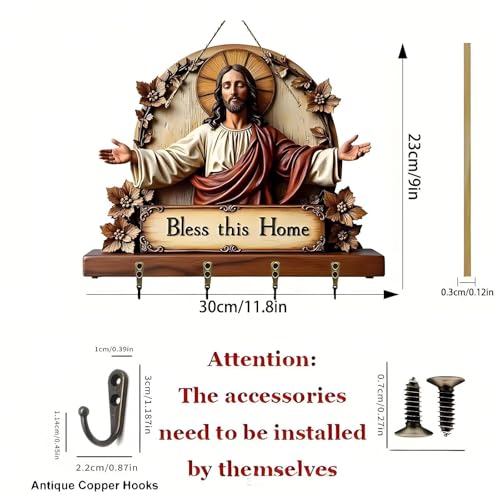 Bless This Home Wood Key Holder Wall Mount 2D Flat May God Bless Key Hooks - image 2