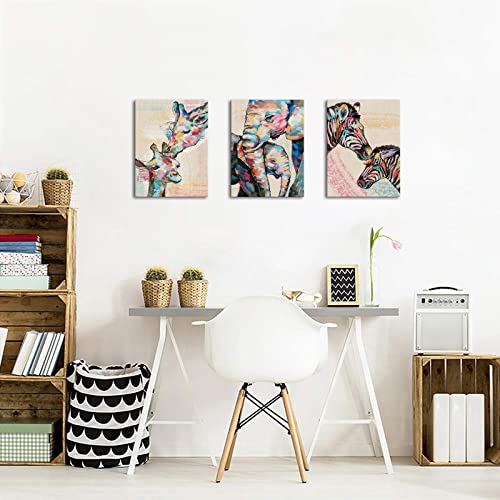 Artmyharbor 3 Pcs Animal Canvas Wall Art Zebra Elephant Family Print Giraffe Colorful Wall Art Children's Graffiti Scroll Funny Cartoons Painting Framed Home Living Room Nursery Kids Bedroom #TOP1