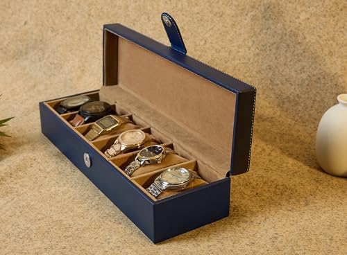 Image of Leather World Premium Faux Leather 6 Slots Wrist Watch Organiser Box for Men & Women | Watch Storage Box Organizer | Watch Collection Box /Case /Holder | Blue