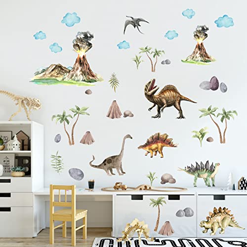 Dinosaur Wall Stickers Watercolor Dinosaur Nursery Wall Decals Removable Woodland Dinosaur Wall Stickers Tropical Plants Stickers Cartoon Volcano Wall Decals Mountain Wall Decals Sticker #TOP1