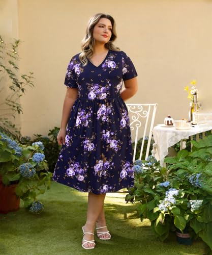 Image of RITERA Plus Size Dresses for Curvy Women Summer Spring Womens Dress V Neck Short Sleeve Casual Dress with Pockets XL-5XL