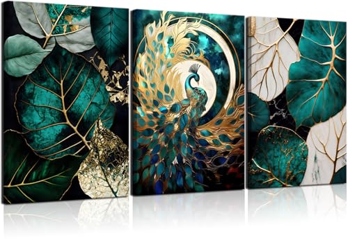 VVL 3pcs Emerald Green And Gold Wall Art Modern Abstract Gorgeous Peacock Canvas Paintings Prints Wall Decor for Living Room Bedroom Office Home Decoration
