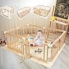 Wooden playpen for babies with floor mat 63x47x24 inch adjustable baby play pen wood baby fence baby play yard portable toddler gate fence play area for indoor outdoor  urban country home decor