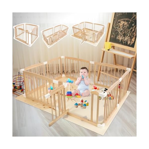 Wooden playpen for babies with floor mat 63x47x24 inch adjustable baby play pen wood baby fence baby play yard portable toddler gate fence play area for indoor outdoor  urban country home decor