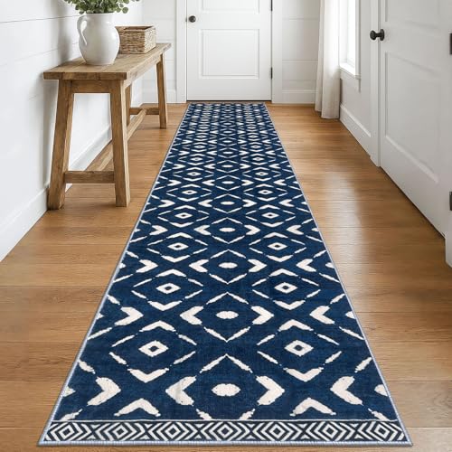 KILOCOCO Hallway Runner Rug 2.6'x16' Runners for Hallways Washable Runner Soft Non Slip Printed Geometric Low-Pile Rugs Runners for Bedroom Kitchen Living Room Boho Rugs, Blue