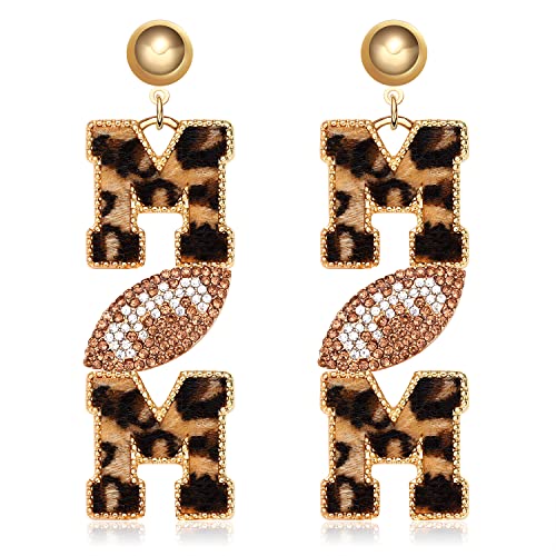 Boderier Leopard MOM Earrings Rhinestone Basketball Football MOM Dangle Earrings Sports Game Team Jewelry Gifts for Mother