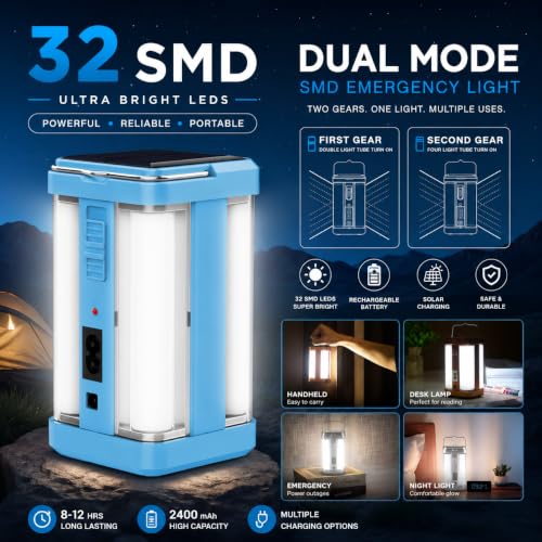 Image of Solar Rechargeable Emergency Light for Home | 4 Side Tube Lantern Lamp with 32 SMD LED, Battery Backup, Floor Light for Indoor & Outdoor Use (Blue)