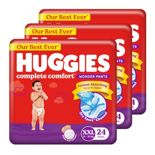 Image of Huggies Complete Comfort Wonder Pants | Pant Style Baby Diapers XXL Size, 72 Count | India's Fastest Absorbing Diaper, Patented Dry Xpert Channel, Ideal for 15 to 25 Kgs