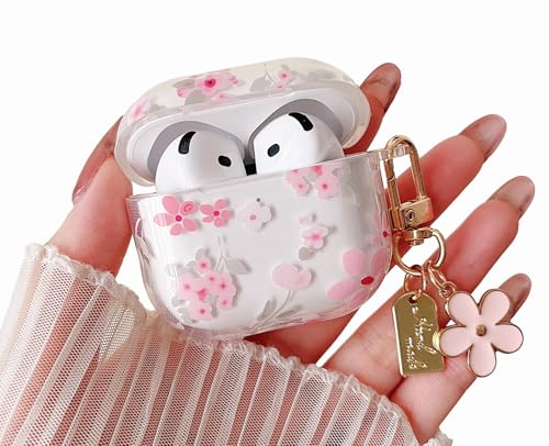 MINSCOSE Kompatibel mit AirPods 4 Klar Hülle Niedliche Blume Muster Design mit floralen Schlüsselanhänger weiche TPU schützende stoßfeste Hülle für Frauen Mädchen-Rosa Blume