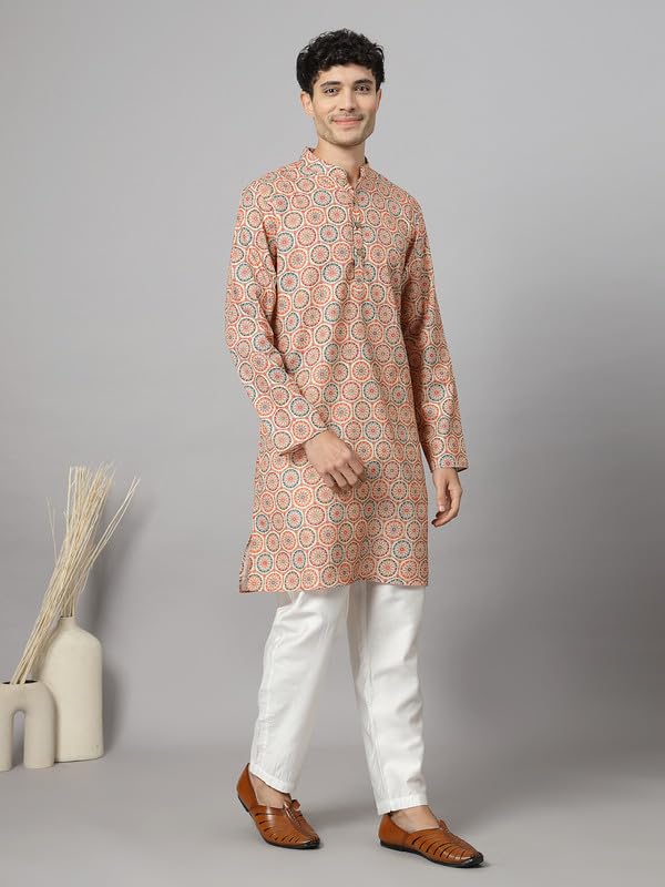 Image of Vastraa Fusion Men's Printed Kurta Pure Cotton Long Kurta, Round Collar, Full Sleeves, Button Kurta, Ethnic Wear