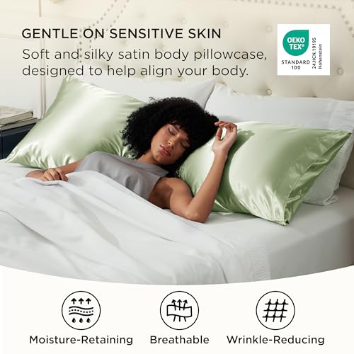 Image of Bedsure Body Pillow Cover 20x54 Inches - Sage Green Satin Similar to Silk Pillowcase for Hair and Skin, Cooling and Silky Long Body Pillow Pillowcase with Envelope Closure, Gifts for Women Men