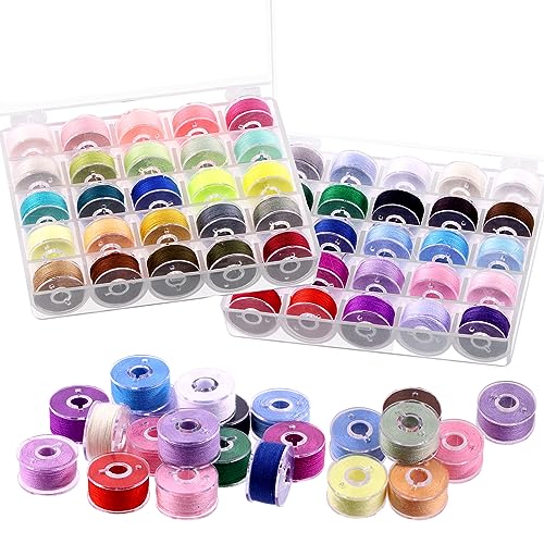 Swpeet - Juego de 50 bobinas preenrolladas de poliéster de 50 colores con caja de bobinas, compatibles con máquina de bordado Brother/Babylock/Janome/Elna/Singer, tamaño A