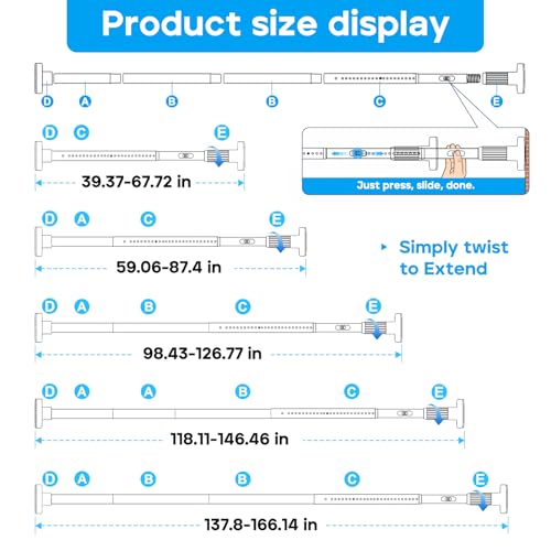 Image of Tension Curtain Rod,40-166IN(3.33-13.83Ft) 2PCS One-Click Fast Extension Rod Easy to Install Black Long Outdoor Curtain Rods No Drilling Never Rust