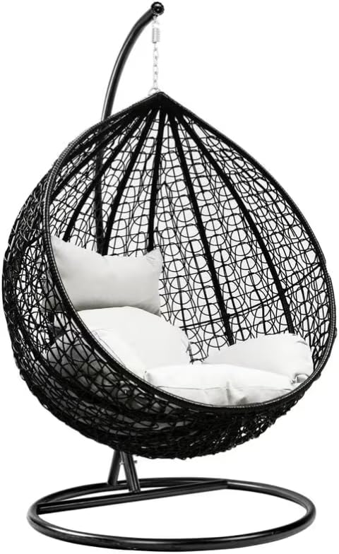 Image of Single Seater Swing Chair with Stand & Cushion Outdoor Indoor Balcony Garden Patio, Powder Coated Frame, UV-Protected Wicker, Premium Cushion, Swing Chair (Brown-Blue)