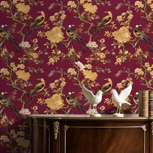 ReWallpaper Papier Peint Fleuri Vintage Bordeaux 44.5CMx7M Papier Peint Adhesif Mural Chambre Adulte Stickers Meubles Decoratif Film Autocollant Motif Oiseaux...