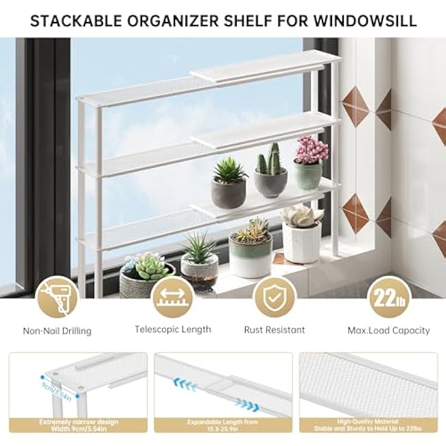 Expandable Window Shelf for Plants Kitchen Sink Organizer Stackable Narrow Shelves Kitchen Countertop Holder Mesh Design (1, White)
