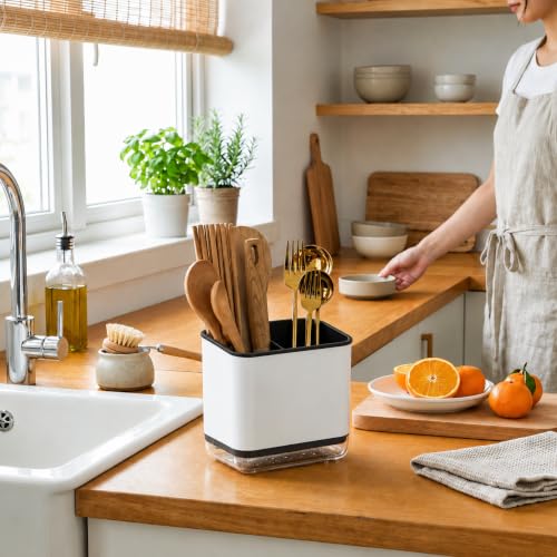 Image of Kitchen Utensil Holder with Drain Tray | Self Draining Countertop Organizer, 3 Compartment Cutlery Caddy | Detachable Water Collection Base for Spoons Forks Knives Cooking Tools (Black)