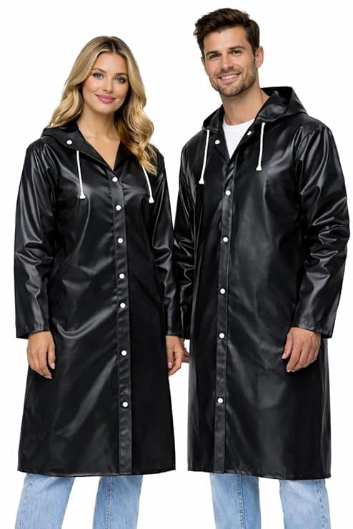 Long Hooded Waterproof Raincoat | Premium EVA Material | Full Length Button Closure Rain Wear Men & Women (Black) (2 Piece)-image-26