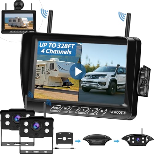 Image of VEKOOTO RV Backup Camera Wireless Recording 2 Cameras BSD System, Pre-Wired for Furrion System Night Vision 4 Channels HD 1080P 7'' Touch Key BSD Monitor Rear View Camera for Trailer /Trucks WF82