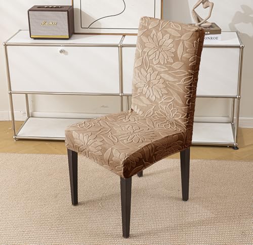 Image of House of Quirk Stretchy Universal Camellia Jacquard Waterproof Chair Cover Removable & Washable Short Dining Chair Cover Protector Seat Slipcover (Camel,Pack of 1)
