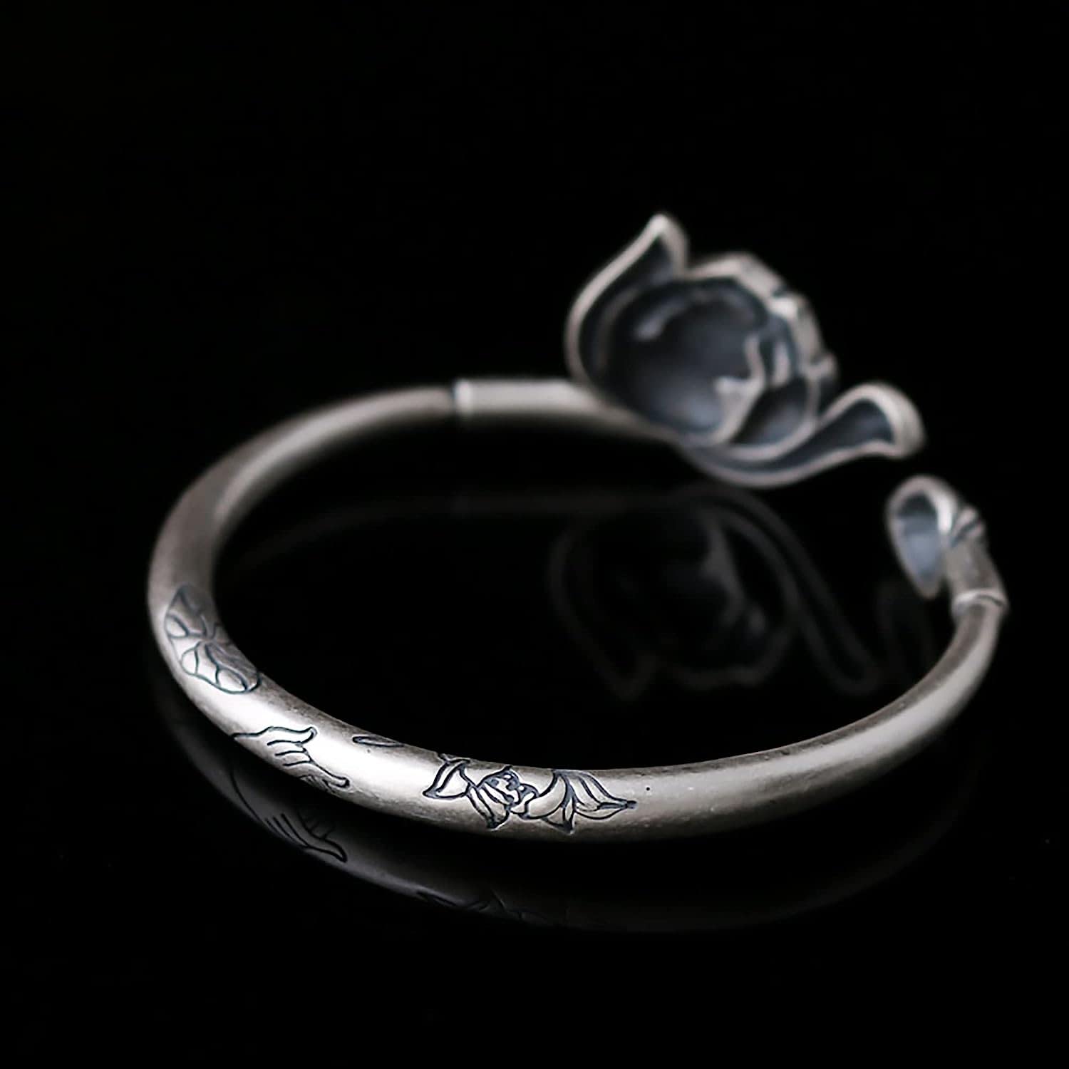 catene a catena, regolabili; Bracciale rigido aperto in argento sterling S990 for donna con motivi di loto e orchidea, 42 g