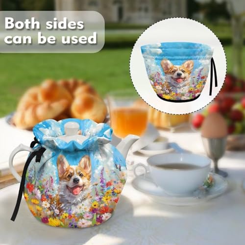 Image of Xoenoiee Cute Corgi Vibrant Flowers Print Tea Cozy Teapot Cover Thermal Insulation Tea Pot Cosy Teapot Cover Home Kitchen Table Tea Pot Cover Teapot Cozy Warmer