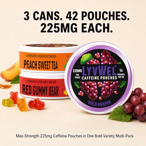 Image of LyvWel 225mg Caffeine Pouches, Guarana-Powered Energy Pouches, Nootropic Pouches, Nicotine-Free & Tobacco-Free, 3-Pack, 42 Pouches (Wild Grape, Peach Sweet Tea, Red Gummy)
