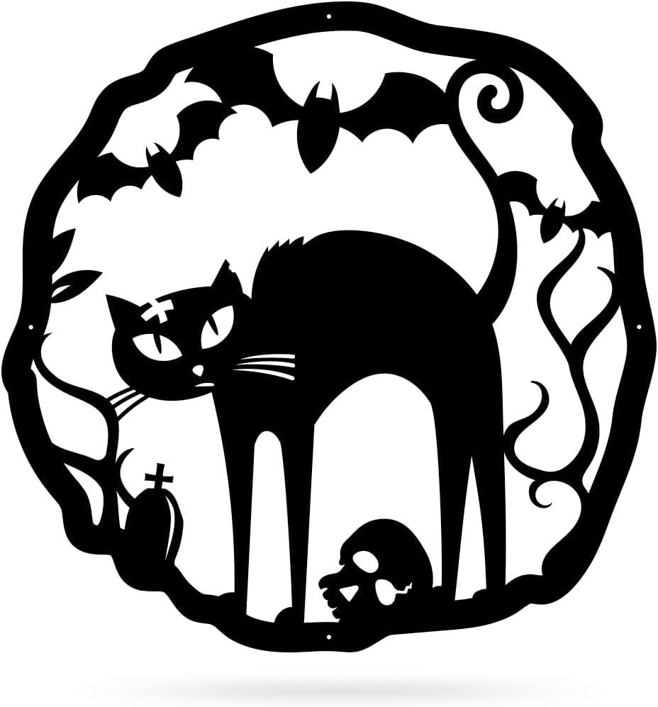 RealSteel Halloween Cat Wreath Metal Door Sign – Spooky Fall Front Door Decor for Indoor & Outdoor Use – Black Cat Halloween Wall Art – Gothic Holiday Decoration – Made in USA