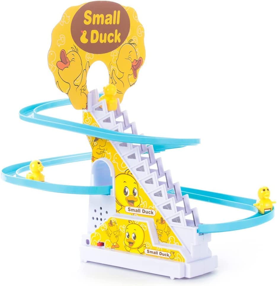 Duck Slide Toy Set, Funny Automatic Stair-Climbing Ducklings Cartoon Race Track Set Little Lovely Duck Slide Toy Escalator Toy with Lights and Music