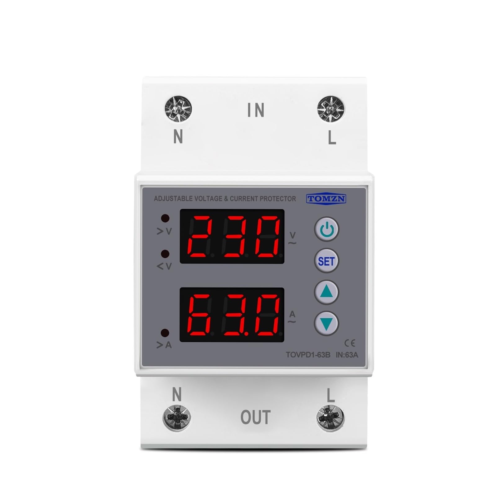 Relé monitor de corriente ajustable TOVPD1-63B protección sobre voltaje 230V 63A carril 54m