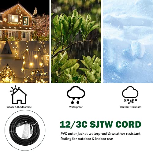Greatide 25 Ft Lighted Outdoor Extension Cord For Christmas Decorations- 12/3 Sjtw Heavy Duty Black Extension Cable With 3 Prong Grounded Plug - 15 Amp Power Cord For Lawn, Garden, Appliances #TOP5