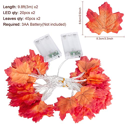 2 Pack Fall Decor Garland for Home, Total 20 Ft 40 LED Maple Leaves Fall Lights Garland with Battery Operated Waterproof Harvest Thanksgiving Halloween Decoration for Indoor Outdoor