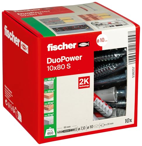 fischer DuoPower 10 x 80 S, Universaldübel mit Sicherheitsschraube, 2-Komponenten-Dübel zur Befestigung in Beton, Ziegeln, Stein, Gipskarton usw., 10 Stück + 10 Schrauben