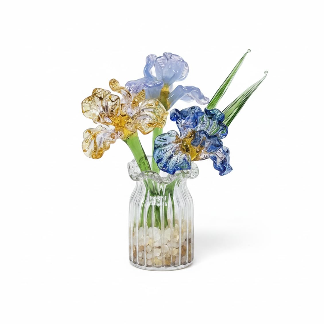 Yeaxxsqy Mini Glass Flowers and Vase, Handmade Iris Flower Bouquet for Home Office Shelf Table Centerpiece, Mini Glass Flower Bouquet