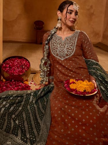 Image of Naixa Women's Silk Embroidered Printed A-Line Kurta with Pant | Dark Green Viscose Jacquard Dupatta Set | 3 /4 Sleeve | Notch Neck | Festive (Available in Plus Size)