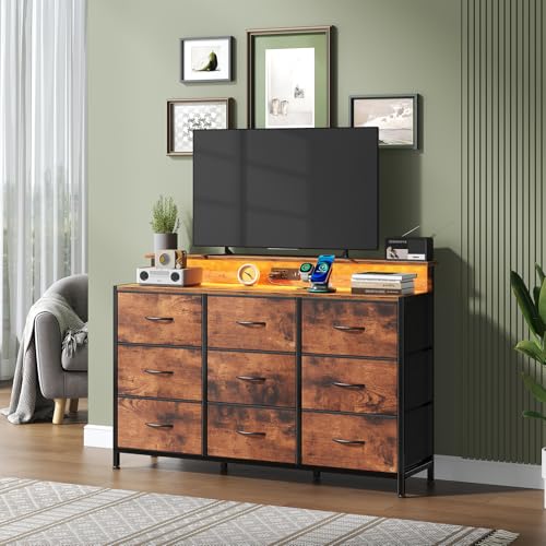 Image of NEWBULIG Wooden Top Media Console for 32-52 inch Dresser TV Stand with 9 Fabric Drawers & Open Shelves, Entertainment Center with LED Lights & Charging Station for Bedroom, Rustic Brown