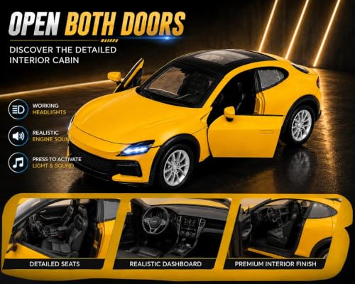 Image of TEC TAVAKKAL 1:36 Scale Diecast Metal Toy Car with Openable Doors, Pull-Back Action, LED Lights & Music - Premium Mini Sports Car Model for Kids & Collectors (Porsche Yellow)