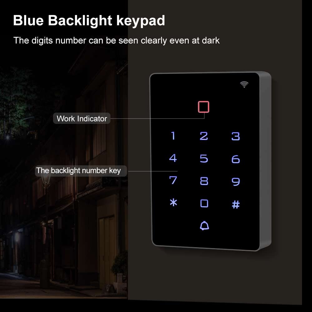 WiFI Tuya Fernzugriffskontrolle, IP68 wasserdicht,Touch-Tastatur mit Hintergrundbeleuchtung,2000 Benutzer,unterstützt WG26/34 + 10 Stück 13,56 MHz-Schlüsselanhänger