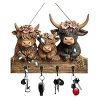 Highland Cow Ornaments Key Holder, Wall Mount Bullhead Animal Wooden Towel Key Hooks, Coat Hanger with 4 Hooks, Cow Wall Decorative Key Rack for Entryway Hallway Farmhouse (1PCS)