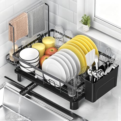 ViviDreamore Abtropfgestell Geschirr mit Besteckhalter & Handtuchstange, 360°Drehbarem Auslauf, Rostfreier Carbonstahl, Platzsparender Küchenorganizer für Teller Tassen Besteck Schwarz (Größer)