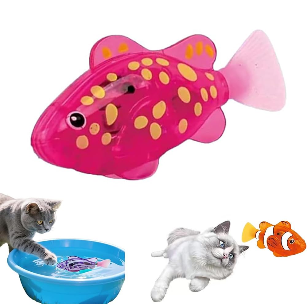 NPLSEO Interactive Swimming Robot Fish Cat Toy, Swimming Fi-sh with Luminous Function, Water-Activated Luminous Robot Fish for Kids & Pets, Waterproof Bath & Pool Toy for Kids Ages 5 & Up (Pink)