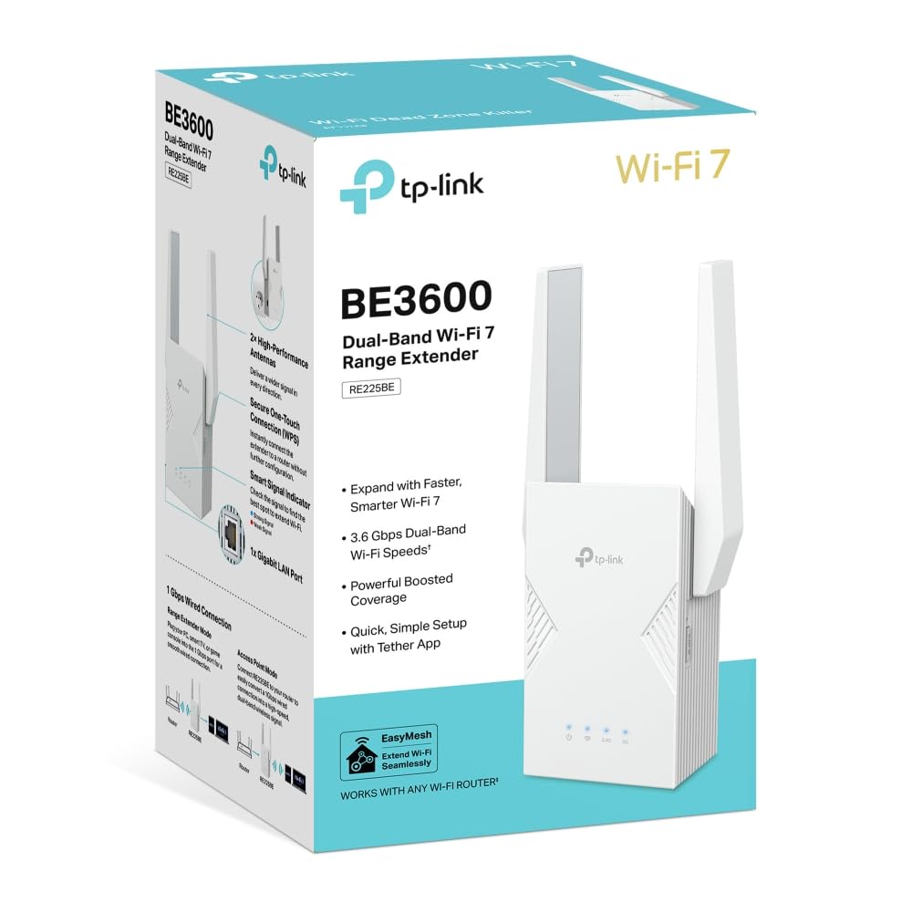 TP-Link RE225BE Dual-Band Wi-Fi 7 Verstärker Repeater, WLAN bis zu 3,6 Gbit/s, Gigabit-LAN-Port, MLO, EasyMesh, WPA3, WPS-Taste, Kompatibel mit Fritzbox