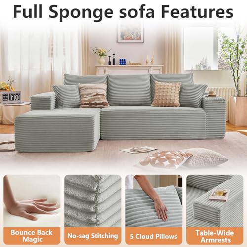 Image of 96 inch Modular Sectional Sofa, Modern Corduroy Cloud Couch with Deep Seat, Boneless Couch Upholstered 3-Seater L-Shaped Sofa for Living Room, No Assembly Required (Light Gray, Left-Facing Chaise)
