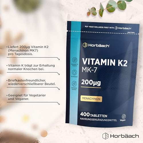 Vitamin K2 MK7 | 400 Vegane Tabletten | Hochdosiert 200ug Menachinon MK-7 | Vitamin K Präparate | Alternative zu Tropfen | von Horbaach