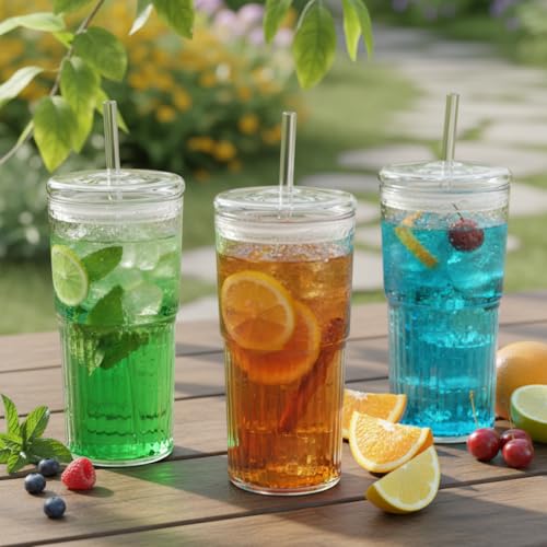 Image of Ash & Roh 550ml Large Ribbed Glass Cup with Straw, Reusable Glass Tumbler with Lid for Iced Coffee, Bubble Tea, and Smoothies (Pack of 1)