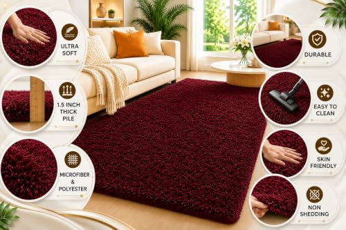 Image of Shaggy Carpet 3x5 Ft for Living Room & Bedroom (Maroon)