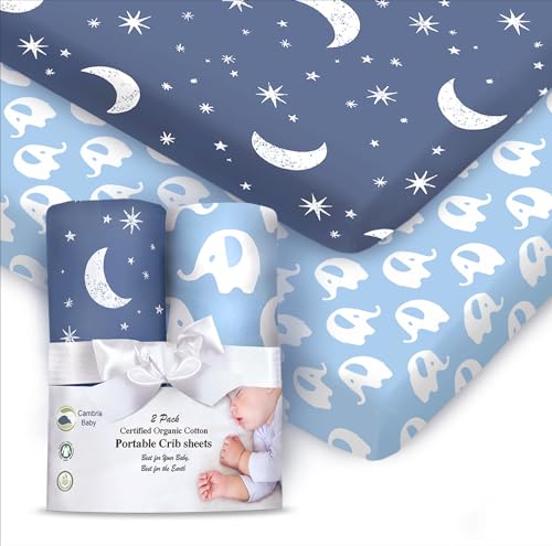 Image of 100% Organic Cotton Fitted Sheets Perfectly Compatible with Graco Pack n Play, Babyletto, Pamo Babe, Hiccapop, Dream on Me, Evenflo, Baby Trend Portable /Mini Crib /Playards. 2 Pk, Blue /Boy.