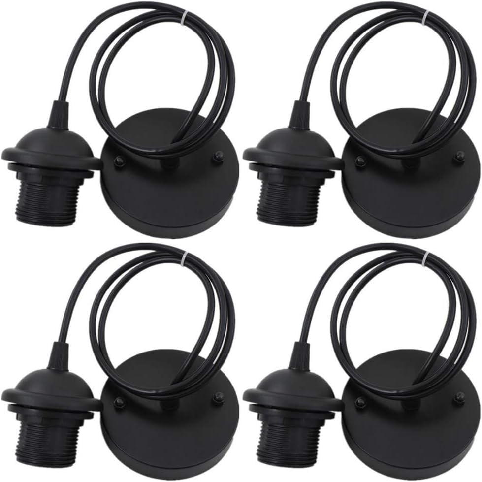 Ceiling Light Pendant Fitting E26 Lamp Holder | Black Ceiling Rose for Modern Vintage Retro Industrial Hanging Lights | Adjustable Cable Pendant Light Fitting Kit Set for Home, Café & Bar (4PC)-image-2