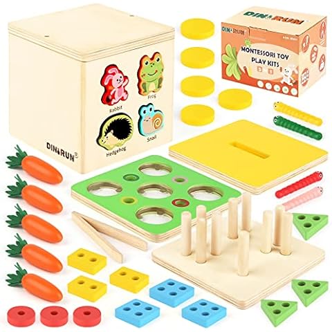 DINORUN Montessori Toys Wooden Toys, Sorting Toys for 1 2 3 Year Old Boys Girls, Shape Sorter 5-In-1 Multifunctional Wooden Box Educational Baby Toys 12 18 Months Cover
