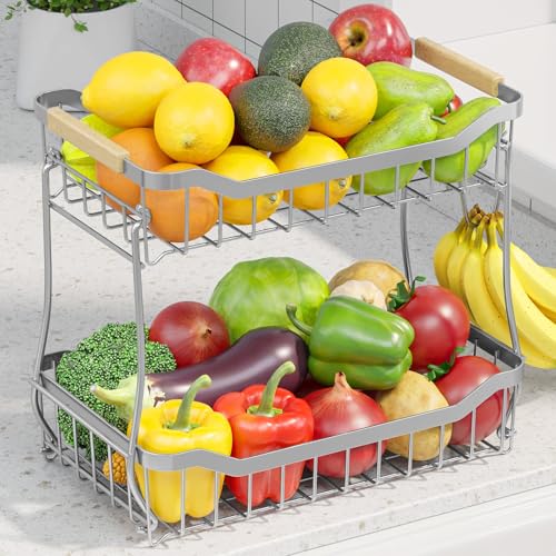 Sakugi Fruit Basket for Kitchen Counter - 2 Tier Detachable Fruit Vegetable Basket with Banana Hanger, Metal Countertop Fruit Stand with Wooden Handle, Silver, 7.3